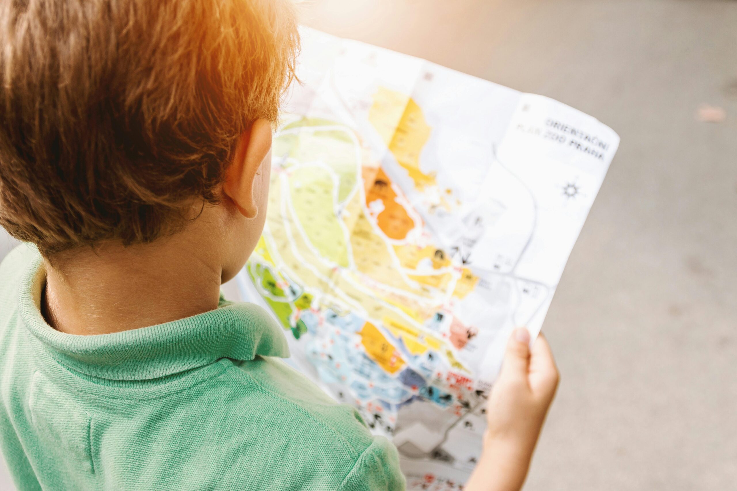Young boy studying a colorful map outdoors in bright sunlight, wearing a green shirt.